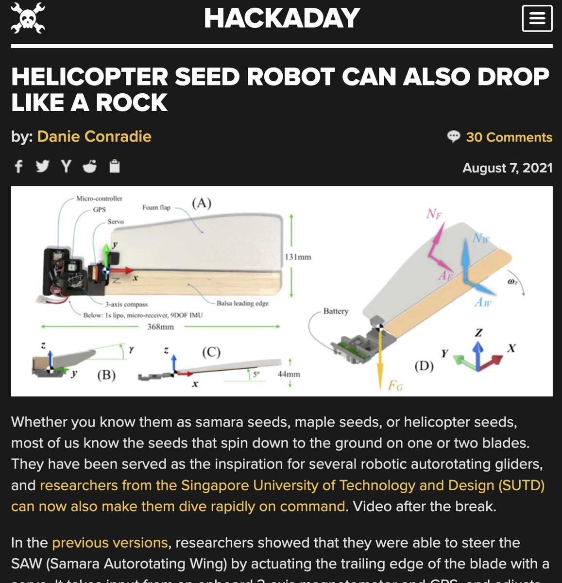Hackaday feature about Agile Samara Glider dSAW